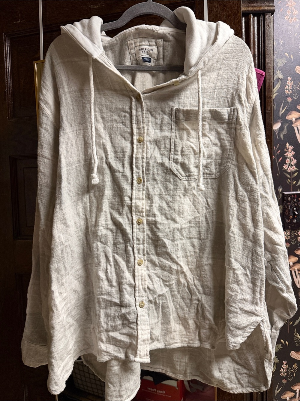 American Eagle Outfitters Off-White Hooded Button-Up Shirt